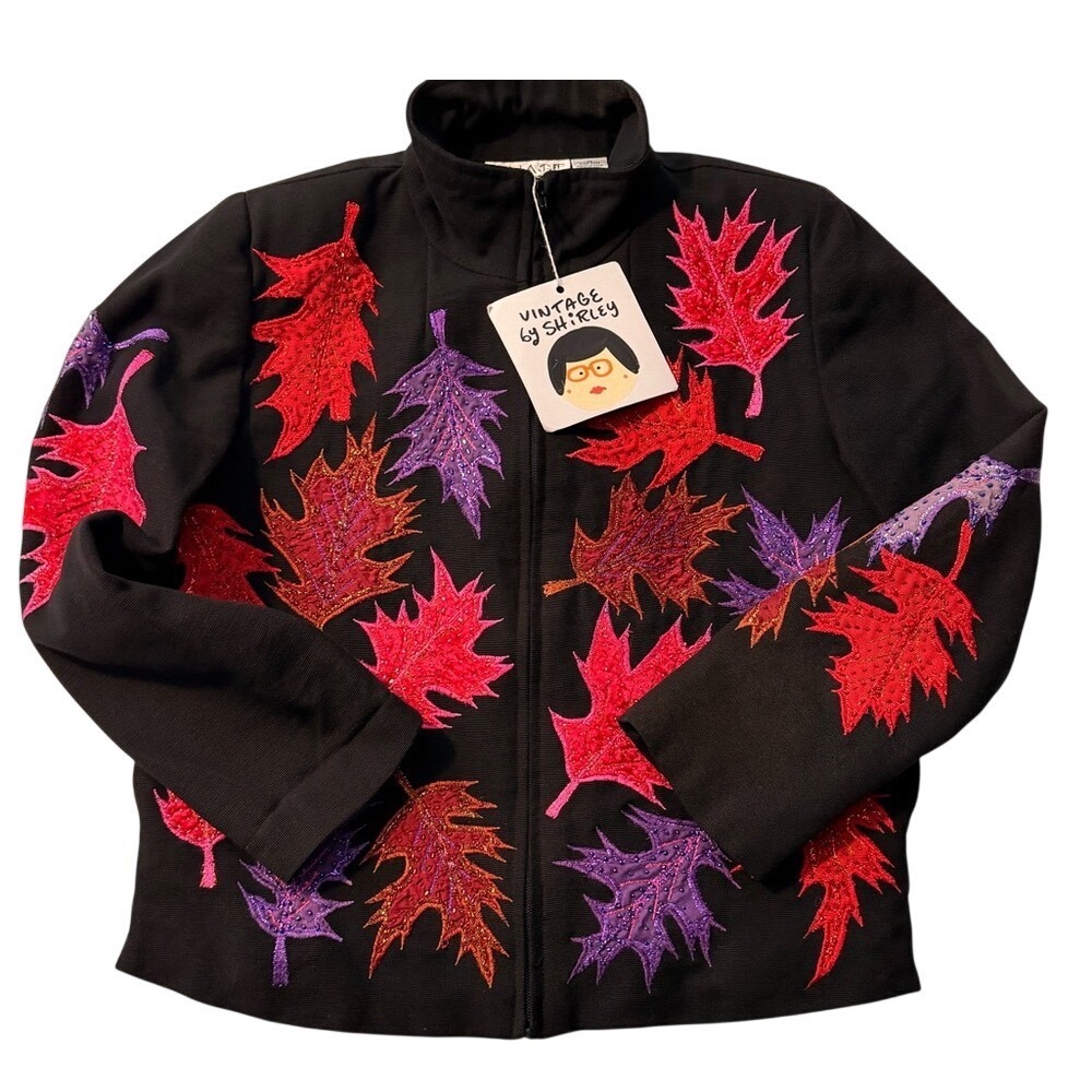 vintage Anage women's zip jacket featuring colorful, embroidered leaves